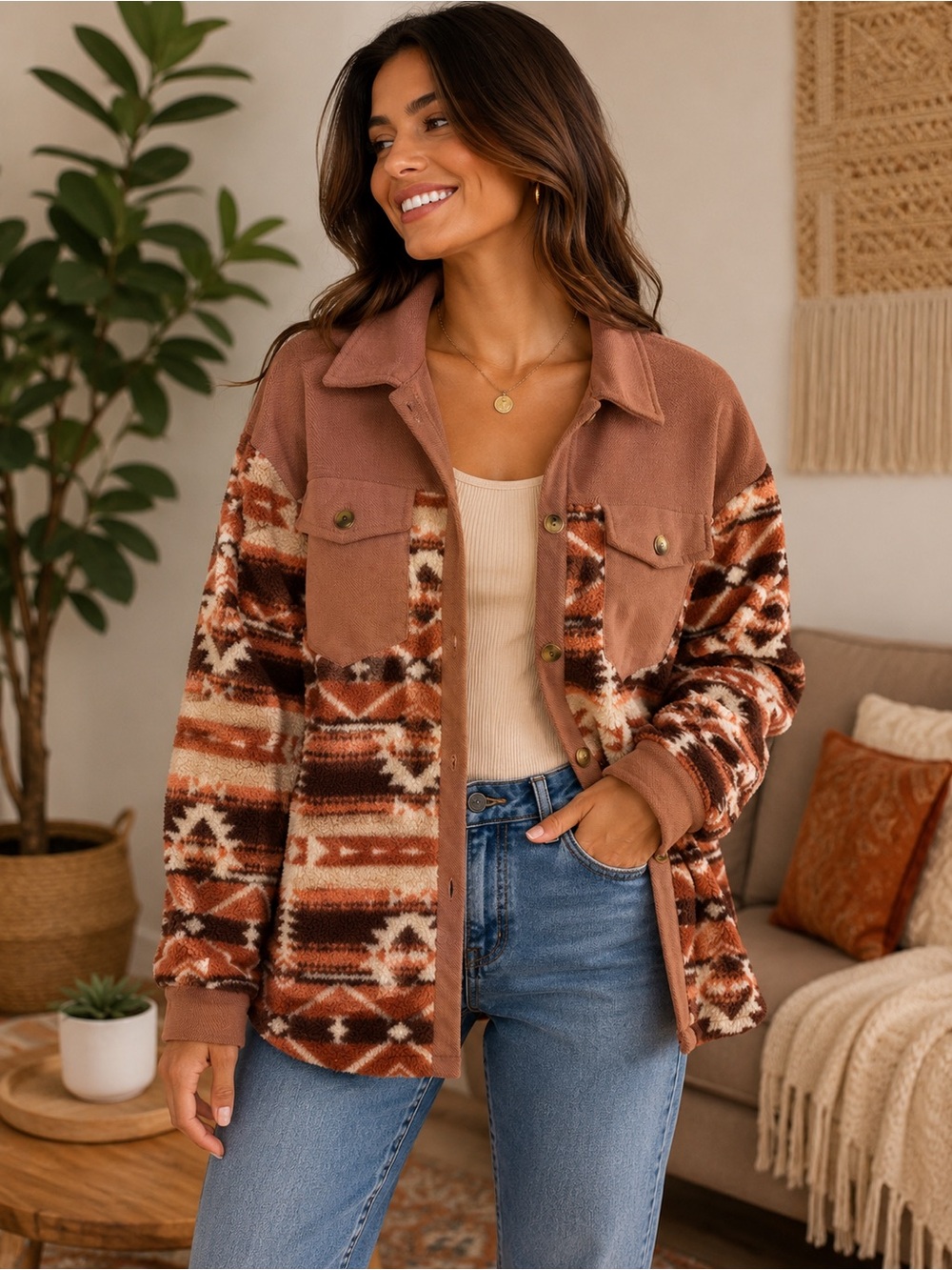 Southwestern Aztec Sherpa Fleece Shacket Jacket Button Front Size M